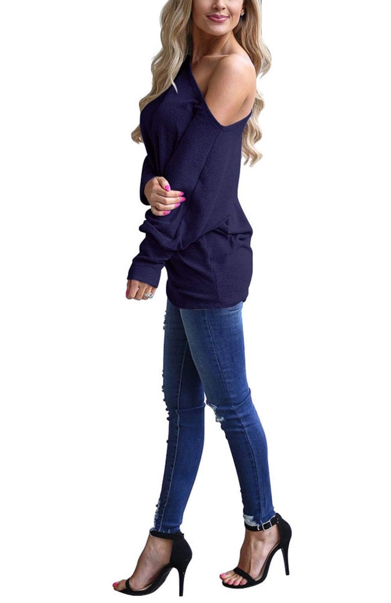 Lacozy Womens Oversized Shirts Off The Shoulder Tops Long Sleeve Pullover Sweater Knit Jumper Navy Blue XXL - Image 3